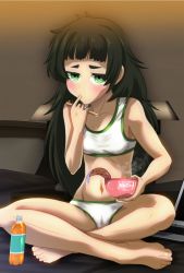 Rule 34 | 1girl, barefoot, black hair, blush, bottle, bra, breasts, cameltoe, chopsticks, closed mouth, commentary request, covered erect nipples, crotch seam, cup ramen, eating, feet, finger in own mouth, frown, full body, green eyes, half-closed eyes, hanamaki kaeru (pixiv92915), highres, hiyajou maho, holding, holding chopsticks, indian style, indoors, instant ramen, long hair, looking at viewer, messy hair, navel, panties, sitting, small breasts, solo, steam, steins;gate, steins;gate 0, thick eyebrows, toes, training bra, underwear, underwear only, white bra, white panties