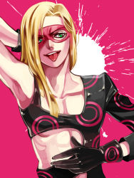 Rule 34 | 1boy, :p, blonde hair, domino mask, gloves, green eyes, jojo no kimyou na bouken, long hair, male focus, mask, melone, p-geist2, pectoral cleavage, pectorals, solo, tongue, tongue out