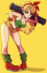 Rule 34 | 1girl, absurdres, annoyed, arm up, armpits, bandana, bare shoulders, blonde hair, breasts, cleavage, collarbone, curly hair, dragon ball, dragon ball (classic), flat color, full body, green eyes, gun, hand on own hip, hanging breasts, highres, holding, holding weapon, joanna went bananas, long hair, lunch (bad) (dragon ball), lunch (dragon ball), m1 bazooka, midriff, navel, red bandana, rocket launcher, shadow, short shorts, shorts, signature, skindentation, solo, thighs, v-shaped eyebrows, weapon, yellow background