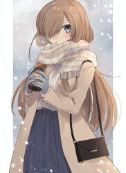Rule 34 | 1girl, alternate costume, aomattya, bag, blue eyes, blue skirt, bottle, breath, brown coat, brown hair, casual, coat, commentary request, cowboy shot, enpera, gloves, hair over one eye, highres, holding, holding bottle, light blush, long hair, long sleeves, looking at viewer, one eye covered, open clothes, open coat, outdoors, parted lips, ribbed sweater, scarf, shoulder bag, skirt, snow, snowing, solo, sweater, swept bangs, tales of (series), tales of the abyss, tear grants, white sweater, winter clothes