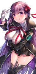 Rule 34 | 1girl, bb (fate), bb (fate/extra), black coat, black thighhighs, blush, breast hold, breasts, closed mouth, coat, commentary request, emblem, fate/grand order, fate (series), gloves, hair ornament, hair ribbon, highres, large breasts, long hair, long sleeves, looking at viewer, nano (syoutamho), neck ribbon, pointer, purple eyes, purple hair, red ribbon, ribbon, seiza, shiny skin, shirt, simple background, sitting, smile, solo, tareme, thighhighs, thighs, tongue, tongue out, v, very long hair, white background, white gloves, white shirt, wing collar, zettai ryouiki
