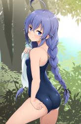 Rule 34 | 1girl, ahoge, ass, bare shoulders, blue eyes, blue hair, blue one-piece swimsuit, blush, braid, breasts, clothes pull, commentary request, competition school swimsuit, cowboy shot, from behind, hair between eyes, hair ribbon, highres, jampen, leaf, long hair, looking at viewer, looking back, matching hair/eyes, mushoku tensei, navel, one-piece swimsuit, one-piece swimsuit pull, ribbon, roxy migurdia, school swimsuit, small breasts, solo, swimsuit, tree, twin braids
