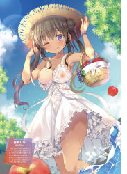 Rule 34 | 1girl, ;q, apple, bare arms, bare shoulders, blue sky, blush, bracelet, breasts, closed mouth, cloud, collarbone, day, dengeki moeou, double bun, dress, eyelashes, food, fruit, fruit basket, grapes, hair between eyes, hair bun, hands on headwear, hat, highres, jewelry, leaf, lens flare, long hair, looking at viewer, medium breasts, mori airi, nipples, non-web source, one-piece tan, one eye closed, original, outdoors, partially submerged, purple eyes, red apple, see-through silhouette, sidelocks, sky, sleeveless, sleeveless dress, smile, solo, spaghetti strap, strap slip, straw hat, sun hat, sundress, tan, tanline, tongue, tongue out, translation request, twintails, water, water drop, wet, white dress