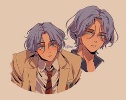Rule 34 | 1boy, adam&#039;s apple, blazer, blue eyes, blue hair, blue shirt, collared shirt, confused, hasegawa langa, highres, jacket, lips, necktie, open mouth, parted bangs, polaarin, shirt, short hair, sk8 the infinity, solo, teeth, watermark, wavy hair, white background, white shirt, yellow jacket