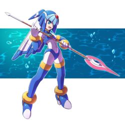 Rule 34 | 1girl, blue eyes, bodysuit, boots, bubble, capcom, full body, gloves, helmet, holding, holding spear, holding weapon, inti creates, fairy leviathan (mega man), nagita0, open mouth, polearm, mega man (series), mega man zero (series), solo, spear, standing, thigh boots, thighhighs, water, weapon, white gloves