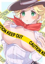 Rule 34 | 1girl, blonde hair, blush, breasts, breasts out, censored, censored nipples, cow girl, cowboy hat, girls und panzer, green eyes, hat, highres, jane (girls und panzer), looking at viewer, namatyoco, neckerchief, open clothes, open shirt, red neckerchief, shirt, short hair, solo, twitter username, white shirt