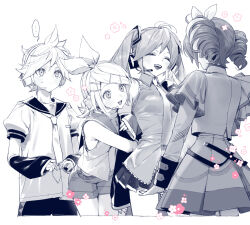 Rule 34 | ..., 1boy, 3girls, adjusting clothes, adjusting necktie, ahoge, arm hug, arm warmers, bare shoulders, bass clef, belt, bow, closed eyes, closed mouth, commentary, cowboy shot, dot mouth, drill hair, fidgeting, flower, from behind, greyscale, hair bow, hair ornament, hairclip, hatsune miku, headphones, headset, kagamine len, kagamine rin, kasane teto, kasane teto (sv), leaning forward, long hair, looking at another, miniskirt, monochrome, multiple girls, musical note, musical note print, naoko (naonocoto), necktie, open mouth, pleated skirt, pointing, pointing at another, sailor collar, short shorts, short sleeves, shorts, shy, skirt, smile, speech bubble, spiked hair, spoken ellipsis, spot color, standing, swept bangs, synthesizer v, teeth, treble clef, twin drills, twintails, uniform, upper teeth only, utau, vocaloid
