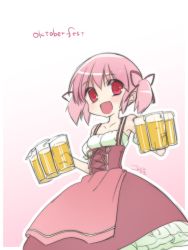 Rule 34 | 10s, 1girl, :d, alcohol, apron, bad id, bad pixiv id, bare shoulders, beer, beer mug, blouse, collarbone, cup, detached sleeves, dirndl, dress, german clothes, kaname madoka, koruri, mahou shoujo madoka magica, mahou shoujo madoka magica (anime), mug, oktoberfest, open mouth, pink dress, pink eyes, pink hair, puffy sleeves, shirt, short sleeves, smile, solo, traditional clothes, twintails, underbust, waist apron