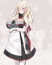 Rule 34 | 1girl, black gloves, black scarf, blonde hair, blue eyes, breasts, collarbone, commentary request, cowboy shot, dress, gloves, grey dress, hair between eyes, highres, kantai collection, konoshige (ryuun), large breasts, long hair, mole, mole under eye, mole under mouth, multicolored clothes, multicolored dress, multicolored gloves, multicolored scarf, red scarf, richelieu (kancolle), scarf, solo, strapless, strapless dress, white gloves
