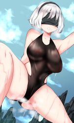 Rule 34 | 1girl, arm behind back, arm up, ass, bare shoulders, black blindfold, black hairband, black one-piece swimsuit, blindfold, blue sky, breath, cloud, cloudy sky, collarbone, covered erect nipples, dripping, grey hair, hairband, highres, kenron toqueen, mole, mole under mouth, mountain, nier (series), nier:automata, one-piece swimsuit, outdoors, patreon username, see-through, shiny skin, short hair, sky, solo, spread legs, steam, steaming body, swimsuit, wet, 2b (nier:automata)