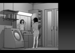 Rule 34 | 1girl, bathroom, breasts, brushing teeth, different reflection, unworn eyewear, faucet, greyscale, hand in pocket, highres, large breasts, letterboxed, long hair, mirror, monochrome, notice lines, original, reflection, sashizume soutarou, sink, solo, toothbrush, washing machine
