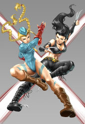 Rule 34 | 10s, 1990s (style), 2girls, abs, alternate costume, antenna hair, battle, beret, black hair, blonde hair, blue eyes, blue leotard, boots, braid, breasts, cammy white, camouflage, capcom, claws, cleavage, cross-laced footwear, crossover, fighting, fingerless gloves, flying kick, garrison cap, gloves, hat, hip focus, kicking, knees, kuroi-tsuki, lace-up boots, large breasts, legs, leotard, long hair, marvel, midriff, multiple girls, navel, retro artstyle, ribbed leotard, street fighter, street fighter zero (series), tank top, thong leotard, twin braids, x-23, x-men