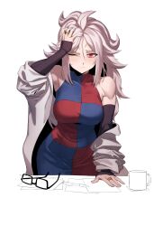 Rule 34 | 1girl, absurdres, android 21, breasts, closed mouth, coat, cup, dragon ball, dragon ball fighterz, dress, highres, jewelry, lab coat, large breasts, long hair, long sleeves, looking at viewer, mug, one eye closed, papers, pen, red eyes, ring, scratching head, simple background, solo, standing, white background, white coat, white hair, zequung