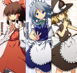 Rule 34 | &gt;:d, 3girls, :d, apron, bare shoulders, black skirt, black vest, blonde hair, blue dress, bow, braid, brown hair, character name, clenched teeth, detached sleeves, dress, female focus, finger to mouth, green bow, hair bow, hair tubes, hakurei reimu, hand gesture, hat, hat bow, hazumi otoya, izayoi sakuya, kirisame marisa, long sleeves, maid, maid apron, maid headdress, multiple girls, open mouth, puffy short sleeves, puffy sleeves, red bow, red skirt, red vest, ribbon-trimmed sleeves, ribbon trim, shirt, short sleeves, shushing, skirt, smile, teeth, touhou, twin braids, v, v-shaped eyebrows, vest, waist apron, white bow, white shirt, witch hat