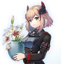 Rule 34 | 1girl, armband, azur lane, black jacket, blonde hair, breasts, buttons, closed mouth, collared shirt, commentary, cross, double-breasted, flower, flower pot, from side, green eyes, grey shirt, hair between eyes, head tilt, highres, holding, holding flower pot, holding pot, iron cross, jacket, lily (flower), long sleeves, medium breasts, multicolored hair, orchid, plant, pot, potted plant, red hair, roon (azur lane), shirt, short hair, sidelocks, smile, solo, standing, streaked hair, umipro, upper body