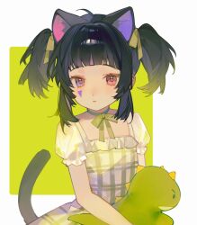 1girl animal_ears arched_bangs border cat_ears cat_girl cat_tail child choker cowboy_shot dress green_background green_ribbon heterochromia highres holding holding_stuffed_toy neck_ribbon original outside_border parted_lips puffy_short_sleeves puffy_sleeves raised_eyebrow ribbon ribbon_choker short_sleeves short_twintails sidelocks square_neckline stuffed_dinosaur stuffed_toy tail twintails white_border white_dress yuumii_0120