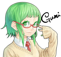 Rule 34 | 1girl, character name, closed mouth, collared shirt, green eyes, green hair, green nails, gumi, hand up, jaco, long sleeves, looking at viewer, nail polish, necktie, red-framed eyewear, red necktie, semi-rimless eyewear, shirt, short hair, simple background, sleeves past wrists, smile, solo, sweater, under-rim eyewear, upper body, vocaloid, white background, white shirt, wing collar