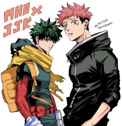 2boys absurdres backpack bag black_jacket boku_no_hero_academia closed_mouth crossover freckles gloves green_eyes green_hair green_jumpsuit highres itadori_yuuji jacket jujutsu_kaisen jumpsuit looking_at_viewer male_focus midoriya_izuku multiple_boys orange_bag pink_hair ruttika_shin scar scar_on_face scar_on_mouth scarf simple_background spiked_hair thai_commentary twitter_username undercut upper_body white_background white_gloves yellow_scarf zipper