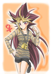 Rule 34 | 1girl, blonde hair, blush, chain, cowboy shot, dyed bangs, flat chest, genderswap, genderswap (mtf), gradient background, hand on own hip, jewelry, long hair, millennium puzzle, multicolored hair, muto yugi, necklace, pearl necklace, purple eyes, purple hair, ring, see-through, shorts, solo, spiked hair, standing, standing on one leg, striped, takahara rinko, two-tone hair, venus symbol, very long hair, yu-gi-oh!, yu-gi-oh! duel monsters