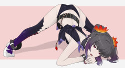 Rule 34 | 1girl, absurdres, bare shoulders, belt, black neckwear, black thighhighs, bracelet, choker, commission, flower, hair ornament, highres, jack-o&#039; challenge, jewelry, mole, mole under eye, nail polish, pale skin, purple background, purple eyes, purple flower, purple hair, red nails, revealing clothes, short hair, short shorts, shorts, simple background, skeb commission, solo, symonne (tales), tales of (series), tales of zestiria, thighhighs, tranqu color, twintails