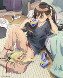 Rule 34 | 1girl, artist name, bed, black shirt, blush, brown hair, can, electrical outlet, feet out of frame, hand in own hair, highres, ichimi renge, long hair, open mouth, original, pants, pink pants, plug, power strip, shadow, shirt, short sleeves, sitting, solo, trash can, twitter username