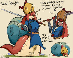 Rule 34 | 1girl, :d, armor, belt, black eyes, breasts, brown hair, chainmail, english text, helmet, highres, holding, holding sword, holding weapon, looking at viewer, murgoten, open mouth, original, over shoulder, poptepipic, profanity, shaded face, simple background, smile, snail girl, snail knight (murgoten), snail shell, sword, tabard, weapon, weapon over shoulder