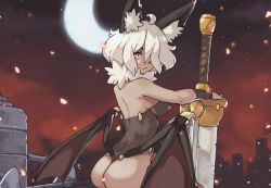 Rule 34 | ahoge, animal ears, ass, bat ears, bat wings, bracer, breasts, brown leotard, closed mouth, commentary, crescent moon, draculina (vins-mousseux), embers, english commentary, from behind, fur collar, hair over one eye, huge weapon, large breasts, leotard, looking at viewer, looking back, low wings, moon, one eye covered, orange eyes, original, planted, planted sword, planted weapon, short hair, sitting, solo, sword, vins-mousseux, weapon, white hair, wings