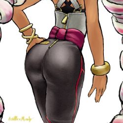 Rule 34 | 1girl, arms (game), ass, back, black pants, dark skin, dark-skinned female, female focus, from behind, hand on own hip, hip focus, huge ass, lower body, pants, simple background, solo, twintelle (arms), white background, wide hips, zipper