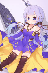 Rule 34 | 1girl, azur lane, black thighhighs, blue dress, blue eyes, commentary request, cosplay, detached sleeves, dress, fingerless gloves, flight deck, gloves, hair tubes, highres, jingdong ssa, light purple hair, long hair, looking at viewer, low twintails, machinery, simple background, thighhighs, twintails, unicorn (azur lane), unicorn (little star songstress) (azur lane), vocaloid, vocanese, white background, xingchen, xingchen (cosplay), zettai ryouiki