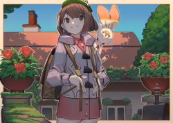 Rule 34 | 1girl, backpack, bag, blue sky, bob cut, brown bag, brown eyes, brown hair, building, buttons, cardigan, collared dress, cowboy shot, creatures (company), day, dress, flower, game freak, gen 8 pokemon, gloria (pokemon), grass, green headwear, grey cardigan, hat, hood, hood down, hooded cardigan, lanzi (415460661), leaf, nintendo, outdoors, outline, pink dress, pokemon, pokemon (creature), pokemon swsh, red flower, scorbunny, shadow, short hair, sky, tam o&#039; shanter, white outline