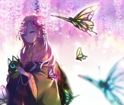 Rule 34 | 1girl, backlighting, bug, butterfly, flower, fox mask, hair flower, hair ornament, haori, insect, japanese clothes, kazu (muchuukai), kimono, long hair, looking at viewer, looking to the side, mask, original, pink eyes, pink hair, serious, solo, wisteria