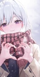 Rule 34 | 1girl, ahoge, bad id, bad twitter id, brown coat, closed mouth, coat, commentary, day, gnns, heart, heart hands, highres, long sleeves, looking to the side, original, plaid, plaid scarf, purple eyes, red scarf, scarf, short hair, sidelocks, smile, snowing, solo, standing, symbol-only commentary, upper body, virtual youtuber, winter