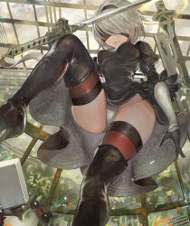 Rule 34 | 1girl, ass, black dress, black gloves, black thighhighs, blindfold, boots, breasts, canking, dress, gloves, grey hair, hairband, high heel boots, high heels, holding, holding sword, holding weapon, medium breasts, nier (series), nier:automata, panties, solo, sword, thigh boots, thighhighs, two-sided fabric, two-sided skirt, underwear, weapon, white panties, 2b (nier:automata)