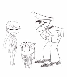 Rule 34 | 10s, 1boy, 2girls, admiral (kancolle), aminji (liaoumen), commentary, courage the cowardly dog, crossover, eustace bagge, frown, glasses, greyscale, hair ornament, hair ribbon, hairclip, hands on own hips, houshou (kancolle), japanese clothes, kantai collection, kimono, long hair, monochrome, multiple girls, ponytail, revision, ribbon, sandals, scarf, simple background, smile, toon (style), white background, yuudachi (kancolle)