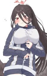 Rule 34 | 1girl, black hair, blue archive, blush, breasts, closed mouth, flying sweatdrops, halo, hasumi (blue archive), hasumi (track) (blue archive), highres, jacket, large breasts, long hair, long sleeves, looking at viewer, ponytail, red eyes, seijyohu, shirt, short shorts, shorts, simple background, solo, track jacket, very long hair, white background, white shirt