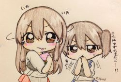 Rule 34 | 10s, 2girls, akagi (kancolle), brown eyes, brown hair, chibi, closed mouth, commentary request, food, food on face, hair between eyes, hands on own face, hishimochi, jako (jakoo21), kaga (kancolle), kantai collection, long hair, multiple girls, muneate, short sleeves, side ponytail, simple background, translation request, twitter username
