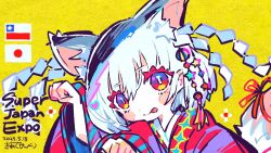 Rule 34 | 1girl, animal ear fluff, animal ears, bright pupils, cat ears, chilean flag, closed mouth, commentary, commentary request, dated, english commentary, hair between eyes, hair ornament, hands up, highres, japanese clothes, japanese flag, kiato, kimono, long sleeves, looking at viewer, mixed-language commentary, original, paw pose, red eyes, red kimono, shide, short hair, signature, smile, solo, star (symbol), star hair ornament, tail, tongue, tongue out, upper body, white hair, white pupils, wide sleeves, yellow background