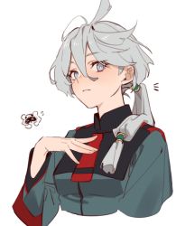 Rule 34 | 1girl, ahoge, alternate hairstyle, animal, asticassia school uniform, blush, chibi, chibi inset, commentary request, cropped torso, green jacket, grey eyes, grey hair, gundam, gundam suisei no majo, hair between eyes, hand on own chest, jacket, long sleeves, looking at viewer, low ponytail, miorine rembran, multi-tied hair, necktie, nokhong y, notice lines, red necktie, school uniform, simple background, tanuki, white background, wide sleeves
