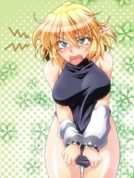 Rule 34 | 1girl, arm warmers, bad id, bad pixiv id, blonde hair, blush, bottomless, breasts, covering privates, covering crotch, embarrassed, fangs, female focus, green eyes, large breasts, mizuhashi parsee, ootsuki wataru, pointy ears, shirt, shirt tug, short hair, solo, taut clothes, taut shirt, thigh gap, touhou
