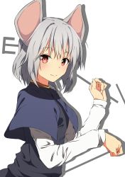 Rule 34 | 1girl, animal ears, aono meri, bad id, bad pixiv id, capelet, dowsing rod, grey hair, highres, long sleeves, looking at viewer, mouse ears, nazrin, red eyes, shirt, short hair, simple background, smile, solo, touhou, upper body, vest, white background