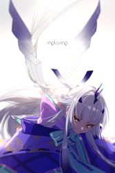 Rule 34 | 1girl, backlighting, breasts, brown eyes, character name, choker, echo (circa), fate/grand order, fate (series), forked eyebrows, japanese clothes, kimono, long hair, long sleeves, looking at viewer, lying, melusine (dream portrait) (fate), melusine (fate), on stomach, purple kimono, sash, sidelocks, small breasts, smile, solo, white hair, wide sleeves