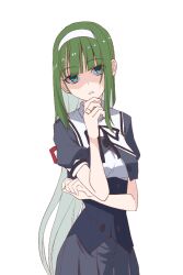 Rule 34 | 1girl, aqua eyes, arm across waist, assault lily, black ribbon, black skirt, blunt bangs, breasts, buttons, commentary request, cowboy shot, cropped jacket, green hair, gumoyu, hairband, hand on own arm, hand on own chin, hands up, hasebe touka, jewelry, long hair, looking at viewer, medium breasts, neck ribbon, parted lips, pleated skirt, puffy short sleeves, puffy sleeves, ribbon, ring, school uniform, shaded face, shirt, short sleeves, sidelocks, simple background, skirt, solo, standing, underbust, very long hair, white background, white hairband, white shirt, yurigaoka girls academy school uniform