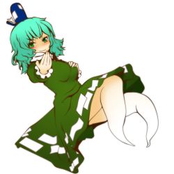 Rule 34 | &gt;:), 1girl, beckoning, breasts, dress, ghost tail, green dress, green eyes, green hair, hand on own chest, hat, large breasts, long sleeves, looking at viewer, machi no dakashiya, matching hair/eyes, outstretched arm, outstretched hand, short hair, simple background, smile, soga no tojiko, solo, tate eboshi, touhou, v-shaped eyebrows, white background