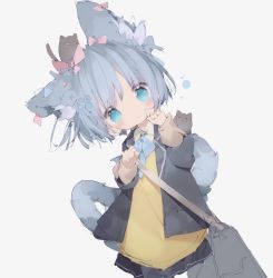 Rule 34 | 1girl, animal, animal ears, animal on head, bag, black jacket, black skirt, blue bow, blue eyes, blue hair, blush, bow, cat, cat on head, closed mouth, collared shirt, copyright request, grey background, hair bow, hair ornament, hands up, head tilt, highres, jacket, long sleeves, on head, open clothes, open jacket, pink bow, shiroiro (mojb2vs51umteas), shirt, short hair, shoulder bag, simple background, skirt, solo, star (symbol), star hair ornament, sweater vest, tail, tail raised, white shirt
