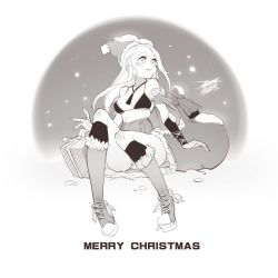 Rule 34 | 1girl, bag, blush, breasts, character request, christmas, dated, ejami, gift, hat, long hair, merry christmas, monochrome, santa hat, signature, smile, snow, solo, swimsuit, thighhighs
