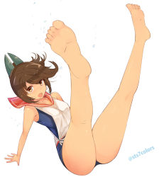 Rule 34 | 10s, 1girl, bare shoulders, barefoot, brown eyes, brown hair, dark-skinned female, dark skin, feet, foreshortening, full body, hair ornament, high ponytail, i-401 (kancolle), kantai collection, legs up, looking at viewer, open mouth, sailor collar, school swimsuit, simple background, soles, solo, sts, swimsuit, swimsuit under clothes, thick thighs, thighs, toes, white background
