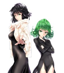 Rule 34 | 2girls, back-to-back, bare legs, black dress, black hair, breasts, crossed arms, curly hair, dress, fubuki (one-punch man), green eyes, green hair, height difference, highres, infinote, jacket, medium breasts, multiple girls, one-punch man, outstretched arm, short hair, siblings, sisters, small breasts, tatsumaki