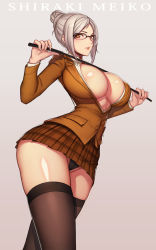 Rule 34 | 10s, 1girl, breasts, character name, cleavage, evan yang, glasses, highres, huge breasts, open clothes, open shirt, panties, parted lips, prison school, riding crop, shiny skin, shiraki meiko, shirt, silver hair, skirt, solo, thighhighs, thighs, underwear, yellow eyes