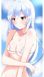 Rule 34 | 1girl, bare arms, bare shoulders, bikini, blue eyes, blue hair, blue sky, blush, bow, breasts, cleavage, closed mouth, cloud, cloudy sky, collarbone, day, enelis, hair bow, idolmaster, idolmaster million live!, idolmaster million live! theater days, long hair, looking away, medium breasts, outdoors, shiraishi tsumugi, sky, solo, swimsuit, v-shaped eyebrows, very long hair, white bikini, white bow