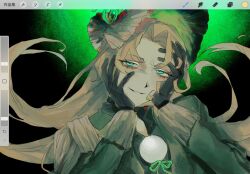 Rule 34 | 1girl, bonnet, brown hair, coat, gem, green coat, green ribbon, hands on own face, highres, limbus company, long hair, looking at viewer, moufuku001, neck ribbon, parted bangs, parted lips, pearl (gemstone), project moon, ribbon, rodion (project moon), sidelocks, smile, solo, very long hair